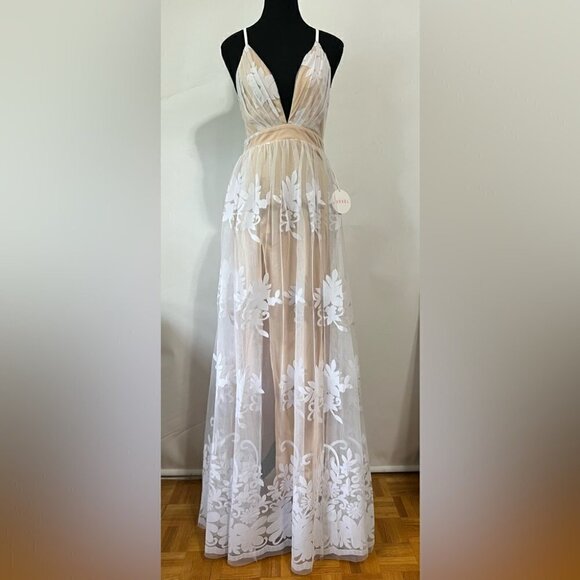 Luxxel, Women’s Long V-Neck Illusion Open Back Dress - White/Nude. Size: S. NWT - Picture 3 of 16